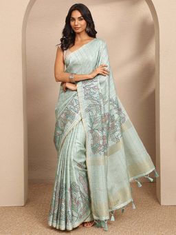 Libas - Green Printed Silk Blend Saree with Unstitched Blouse
