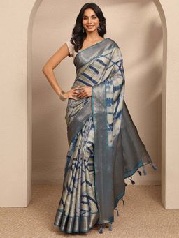 Libas - Blue Printed Silk Blend Saree with Unstitched Blouse