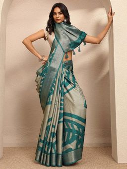 Libas - Green Printed Silk Blend Saree with Unstitched Blouse