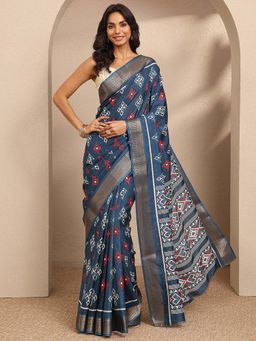 Libas - Teal Printed Silk Blend Saree with Unstitched Blouse