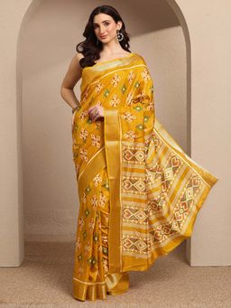 Libas - Mustard Printed Silk Blend Saree with Unstitched Blouse