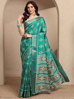 Libas - Green Printed Silk Blend Saree with Unstitched Blouse