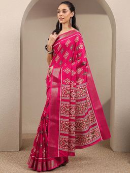Libas - Pink Printed Silk Blend Saree with Unstitched Blouse