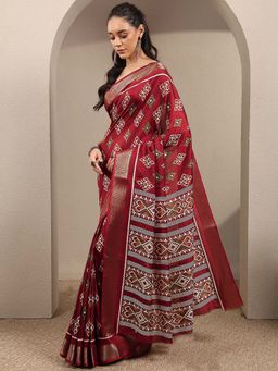 Libas - Maroon Printed Silk Blend Saree with Unstitched Blouse