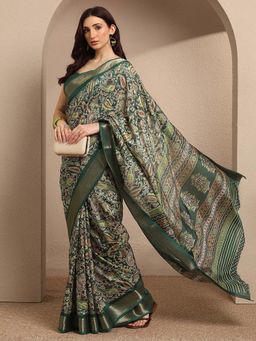 Libas - Green Printed Silk Blend Saree with Unstitched Blouse