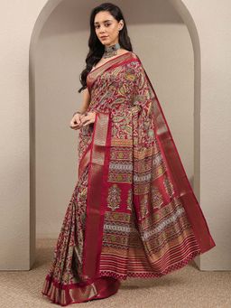 Libas - Brown Printed Silk Blend Saree with Unstitched Blouse