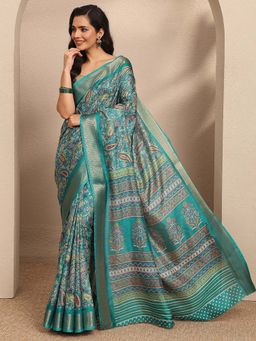 Libas - Green Printed Silk Blend Saree with Unstitched Blouse
