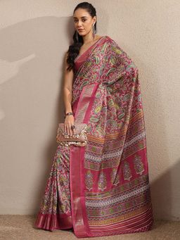 Libas - Pink Printed Silk Blend Saree with Unstitched Blouse