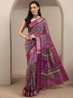 Libas - Burgundy Printed Silk Blend Saree with Unstitched Blouse