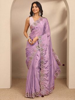Libas - Lavender Embroidered Silk Blend Saree with Unstitched Blouse