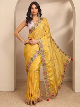 Libas - Yellow Embroidered Silk Blend Saree with Unstitched Blouse