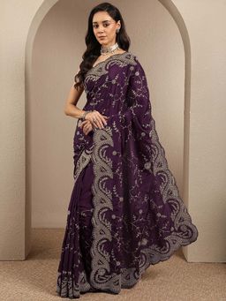 Libas - Burgundy Embroidered Silk Blend Saree with Unstitched Blouse