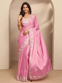 Libas - Pink Embroidered Silk Blend Saree with Unstitched Blouse