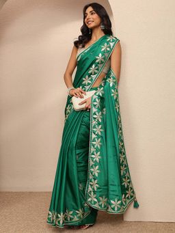 Libas - Green Embroidered Silk Blend Saree with Unstitched Blouse