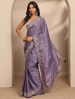 Libas - Lavender Embroidered Silk Blend Saree with Unstitched Blouse