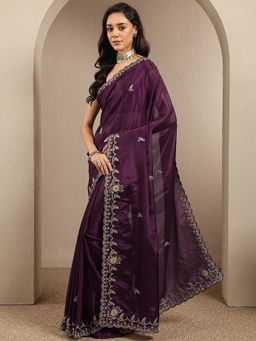 Libas - Burgundy Embroidered Silk Blend Saree with Unstitched Blouse