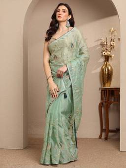 Libas - Green Embroidered Silk Blend Saree with Unstitched Blouse