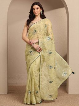 Libas - Green Embroidered Silk Blend Saree with Unstitched Blouse
