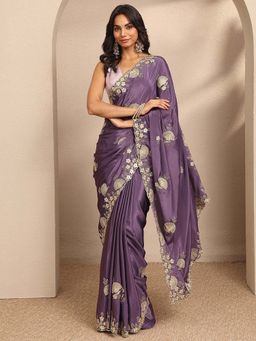 Libas - Purple Embroidered Silk Blend Saree with Unstitched Blouse