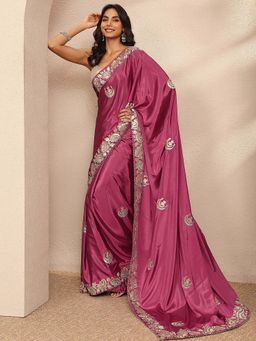 Libas - Mauve Embroidered Silk Blend Saree with Unstitched Blouse