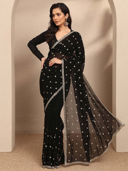 Libas - Black Embroidered Georgette Saree with Unstitched Blouse