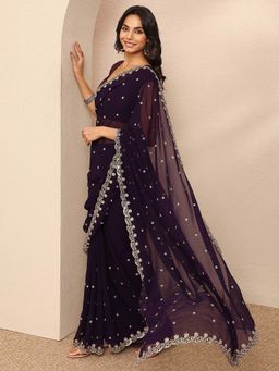 Libas - Burgundy Embroidered Georgette Saree with Unstitched Blouse