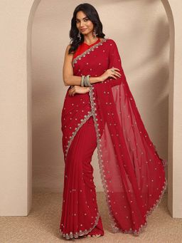 Libas - Red Embroidered Georgette Saree with Unstitched Blouse