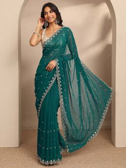 Libas - Green Embroidered Georgette Saree with Unstitched Blouse