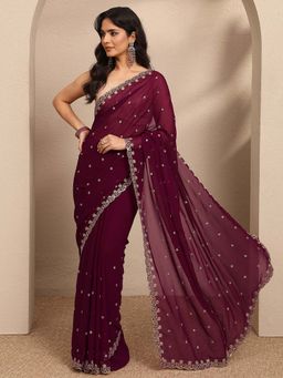 Libas - Maroon Embroidered Georgette Saree with Unstitched Blouse