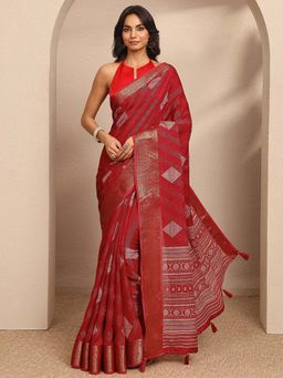 Libas - Red Woven Georgette Saree with Unstitched Blouse