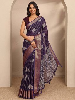 Libas - Purple Woven Georgette Saree with Unstitched Blouse
