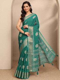 Libas - Green Printed Georgette Saree with Unstitched Blouse