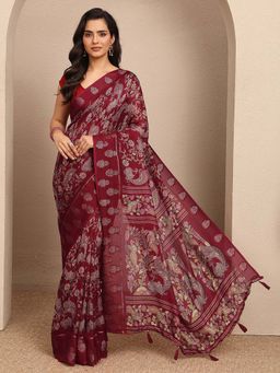Libas - Maroon Printed Georgette Saree with Unstitched Blouse