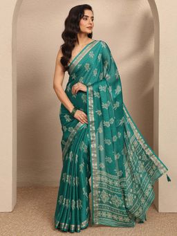 Libas - Green Printed Silk Blend Saree with Unstitched Blouse