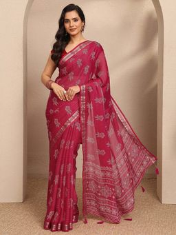 Libas - Red Printed Silk Blend Saree with Unstitched Blouse