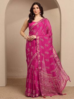 Libas - Pink Printed Silk Blend Saree with Unstitched Blouse