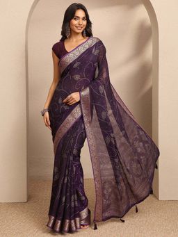 Libas - Purple Printed Georgette Saree with Unstitched Blouse