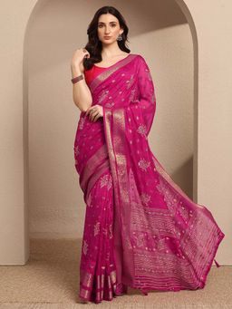 Libas - Pink Printed Georgette Saree with Unstitched Blouse