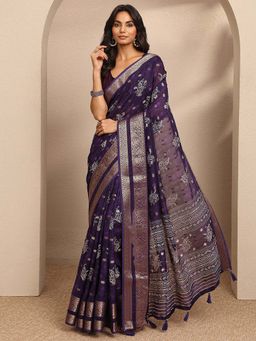 Libas - Purple Printed Georgette Saree with Unstitched Blouse