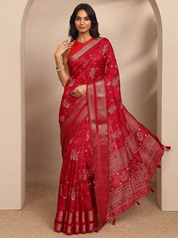 Libas - Orange Printed Georgette Saree with Unstitched Blouse