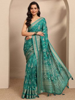 Libas - Green Printed Georgette Saree with Unstitched Blouse
