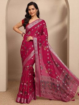 Libas - Pink Printed Georgette Saree with Unstitched Blouse