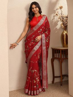 Libas - Red Printed Georgette Saree with Unstitched Blouse