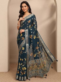 Libas - Teal Printed Georgette Saree with Unstitched Blouse