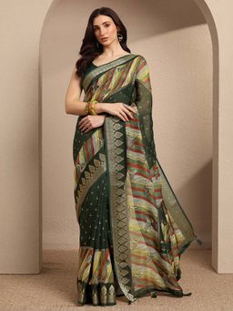 Libas - Green Printed Silk Blend Saree with Unstitched Blouse
