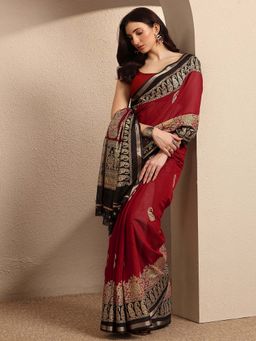 Libas - Red Woven Silk Blend Saree with Unstitched Blouse