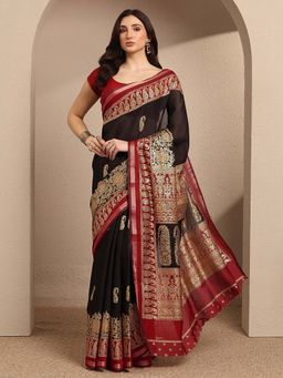 Libas - Black Woven Silk Blend Saree with Unstitched Blouse