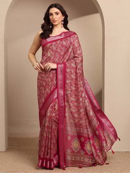 Libas - Pink Printed Silk Blend Saree with Unstitched Blouse