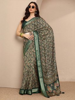 Libas - Green Printed Silk Blend Saree with Unstitched Blouse