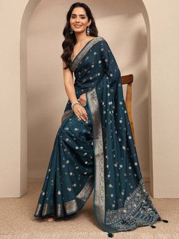 Libas - Navy Blue Woven Silk Blend Saree with Unstitched Blouse